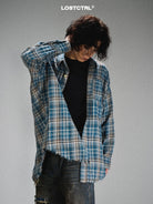 LOSTCTRL Raw Hem Plaid Shirt in Blue - On Model