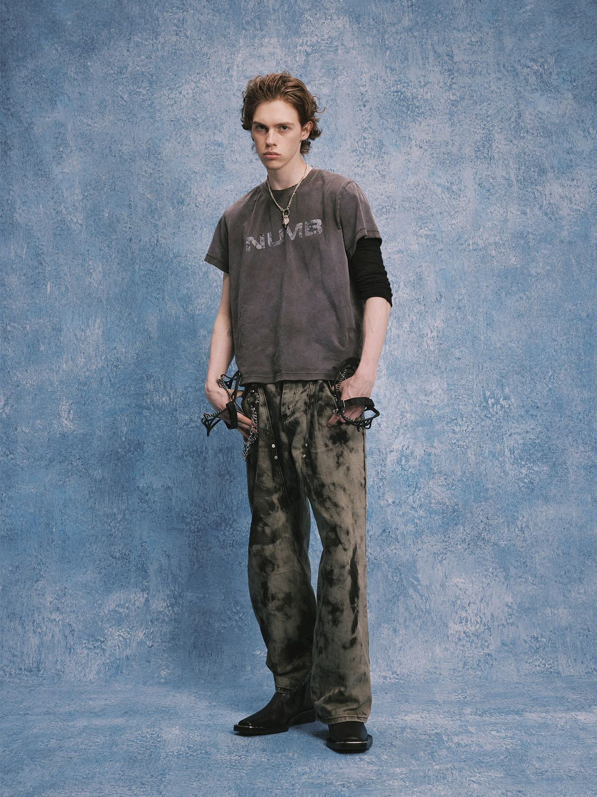 SOD Hand Tie Dye Distressed Straight Jeans in Gray - On Model