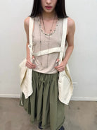 NeverSeez Beaded Lyocell Wool Tank Top in Khaki - On Model