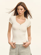 Ariseism Ribbed Knit Henley Tee in White - On Model