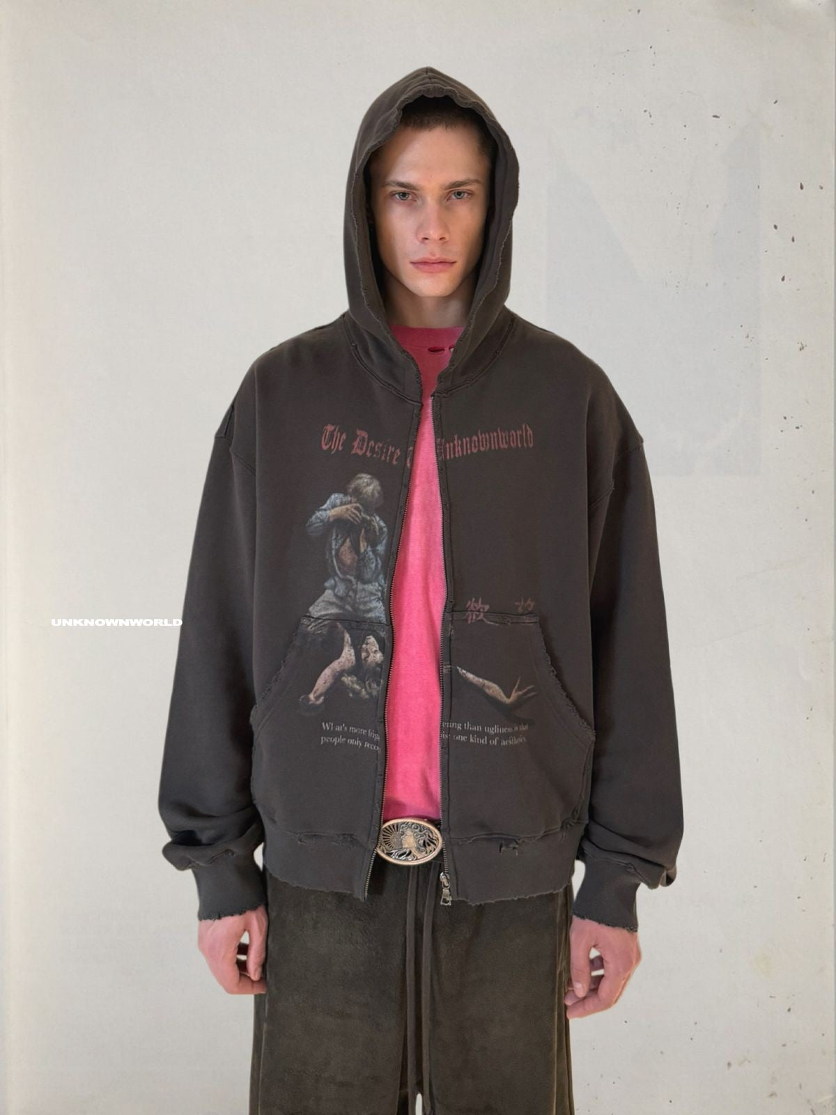 UNKNOWNWORLD Distressed Graphic Zip Up Hoodie in Gray - On Model