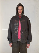 UNKNOWNWORLD Distressed Graphic Zip Up Hoodie in Gray - On Model