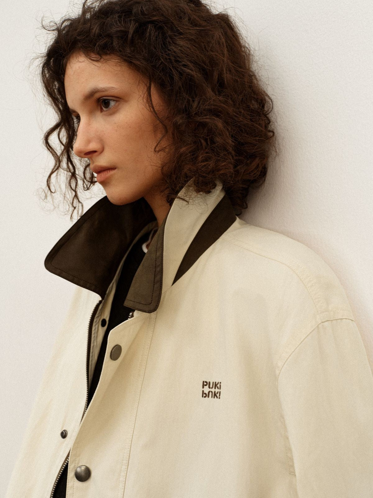 PUKI Contrast Collar Barn Jacket in Khaki - On Model