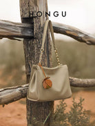 HONGU Leather Chain Strap Shoulder Bag in Beige - Lifestyle