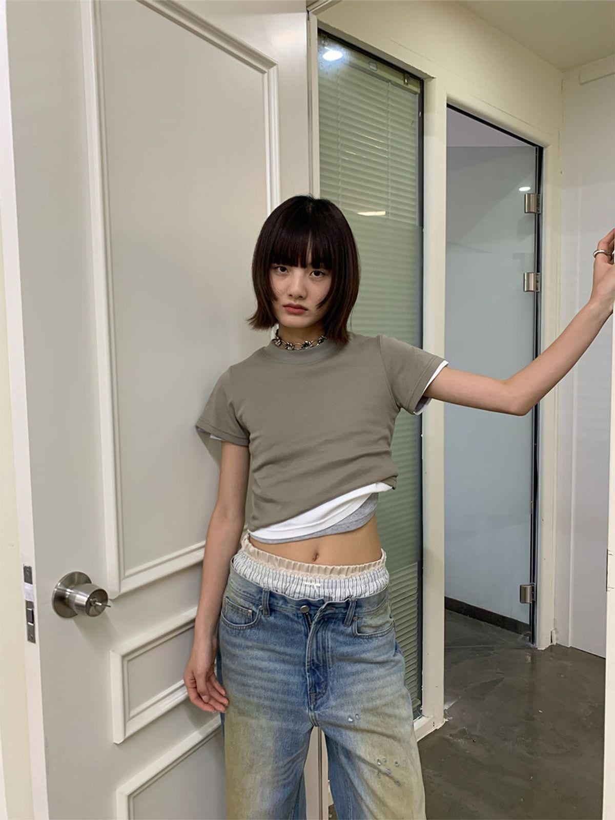 Neverseez Solid Cotton Crop Tee in Green - On Model