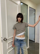 Neverseez Solid Cotton Crop Tee in Green - On Model