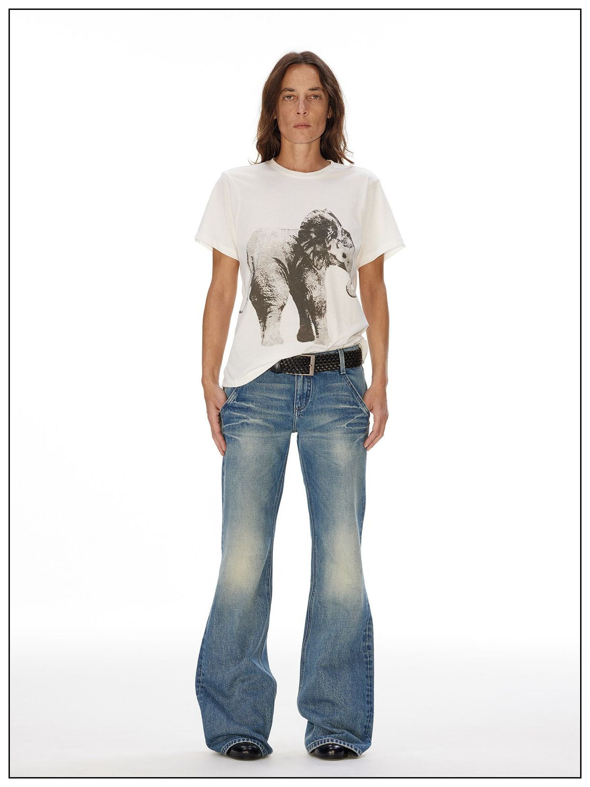FaxCopyExpress Elephant Print Cotton Modal Tee in White - On Model