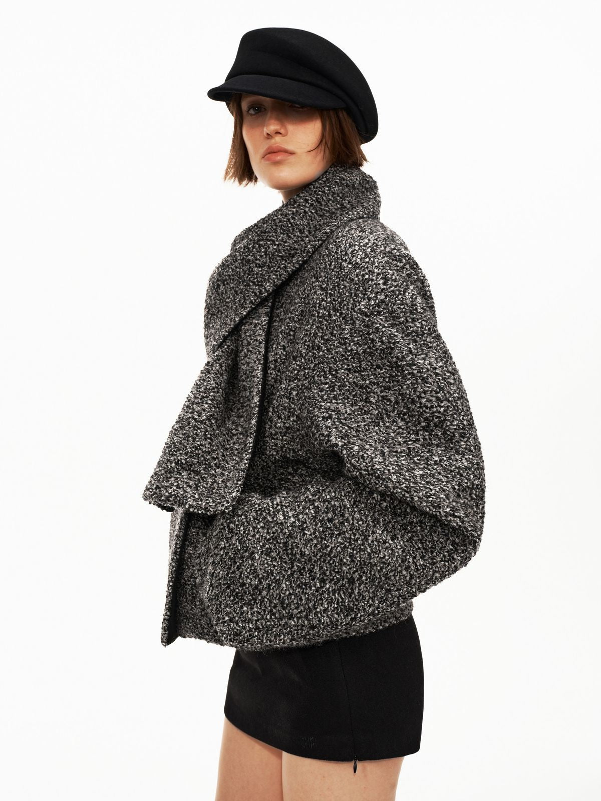 PUKI Snowflake Tweed Scarf Collar Jacket in Black - On Model
