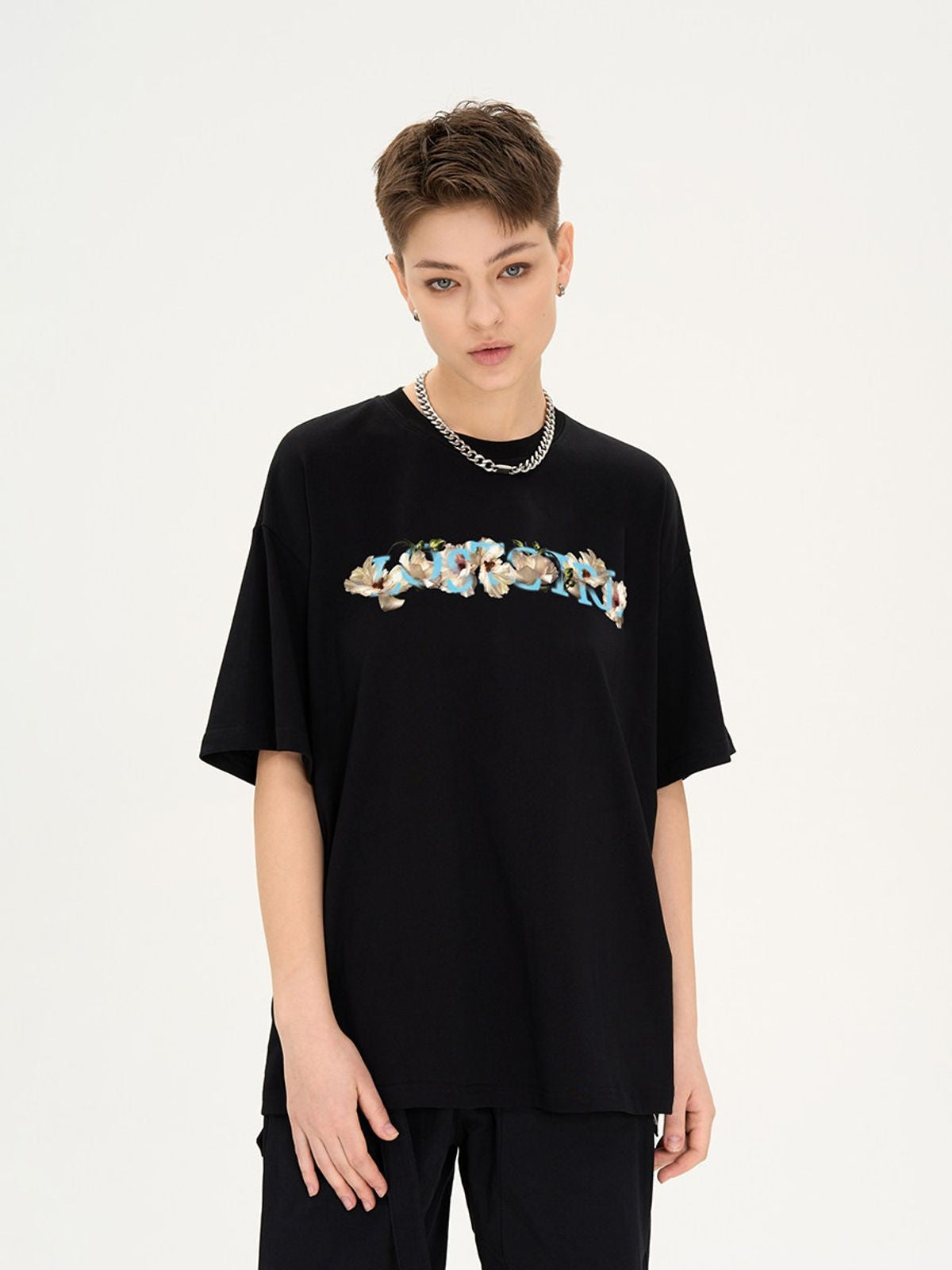 LOSTCTRL Camellia Graphic Print T Shirt in Black - On Female Model