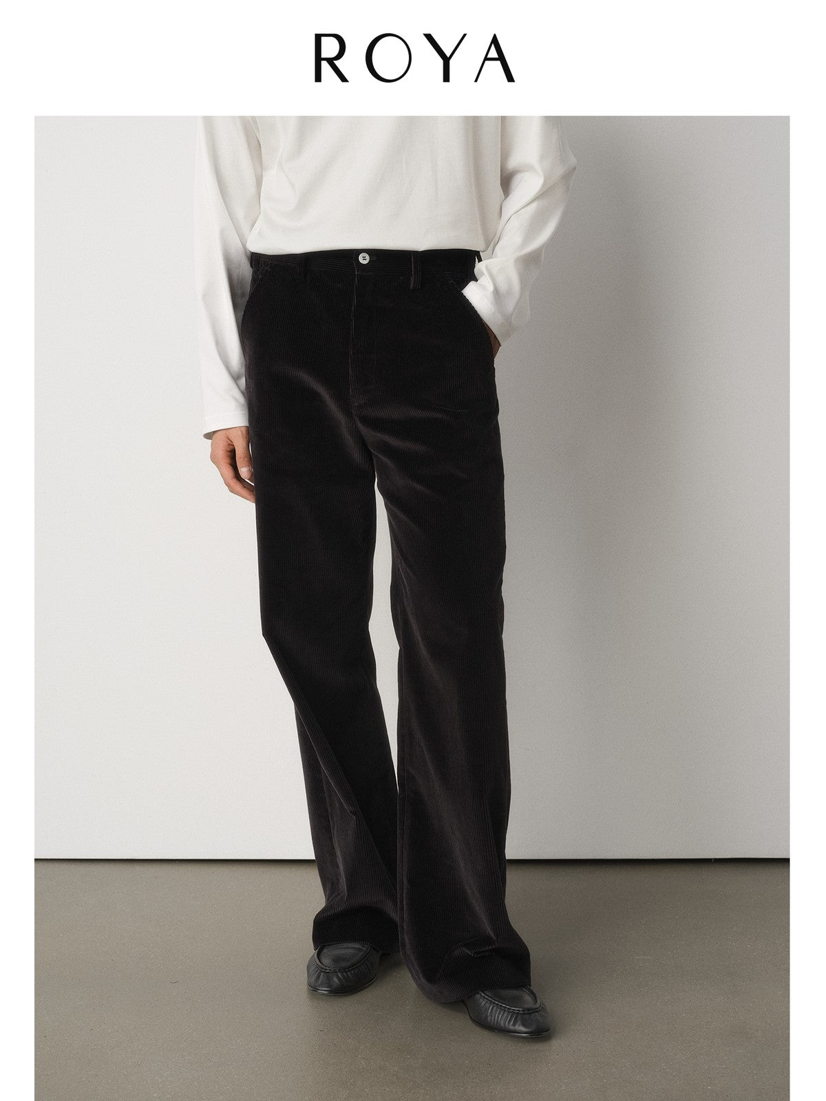 ROYA Supima Cotton Corduroy Trousers in Black - On Model