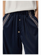 Simple Project Wide Leg Webbing Track Pants in Navy Blue - On Model