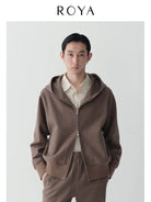 ROYA Merino Wool Blend Zip Up Hoodie in Oatmeal - On Model