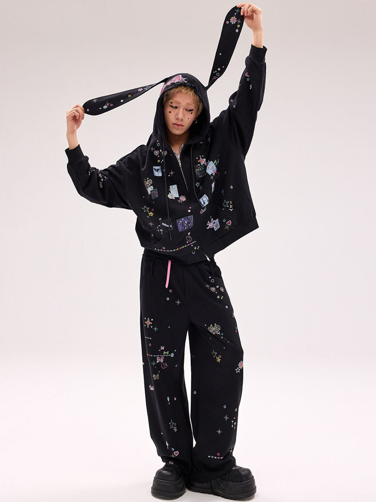 CFIERCE Bunny Ear Rhinestone Zip Hoodie in Black - On Model
