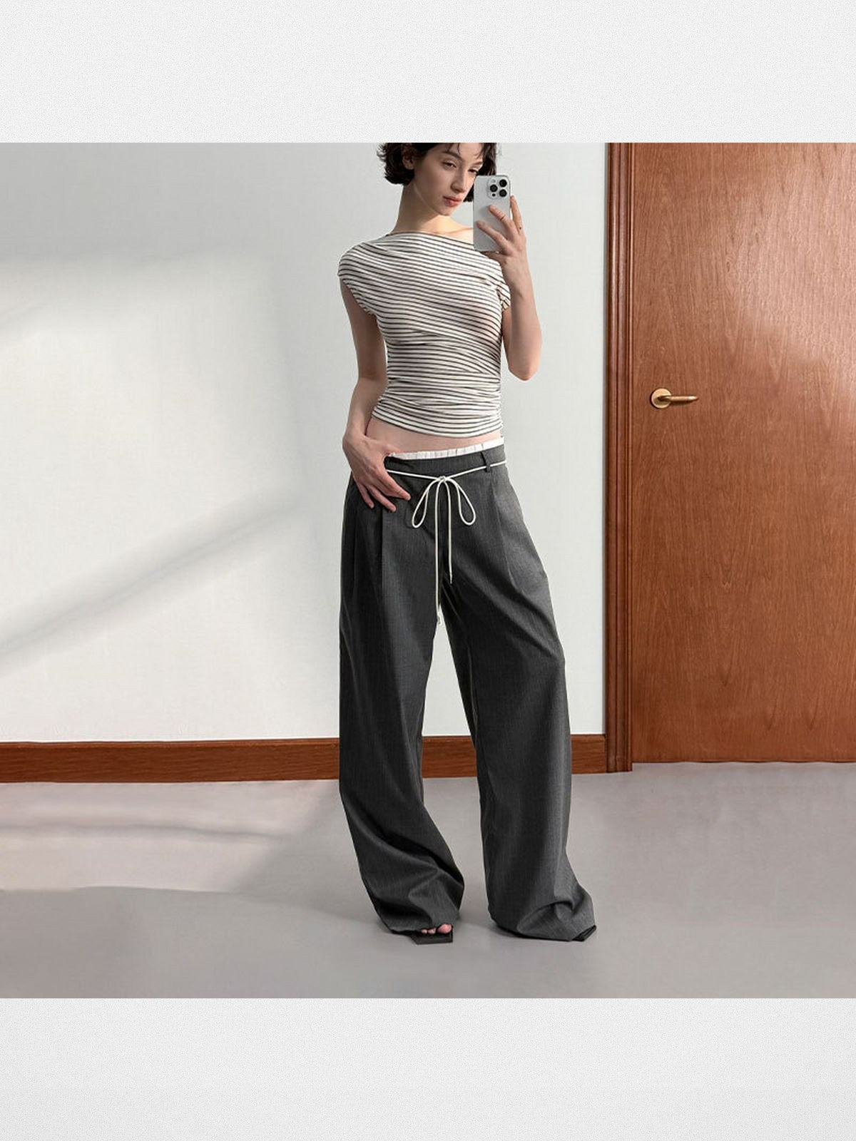 PUKI Double Waistband Suit Pants in Gray - On Model