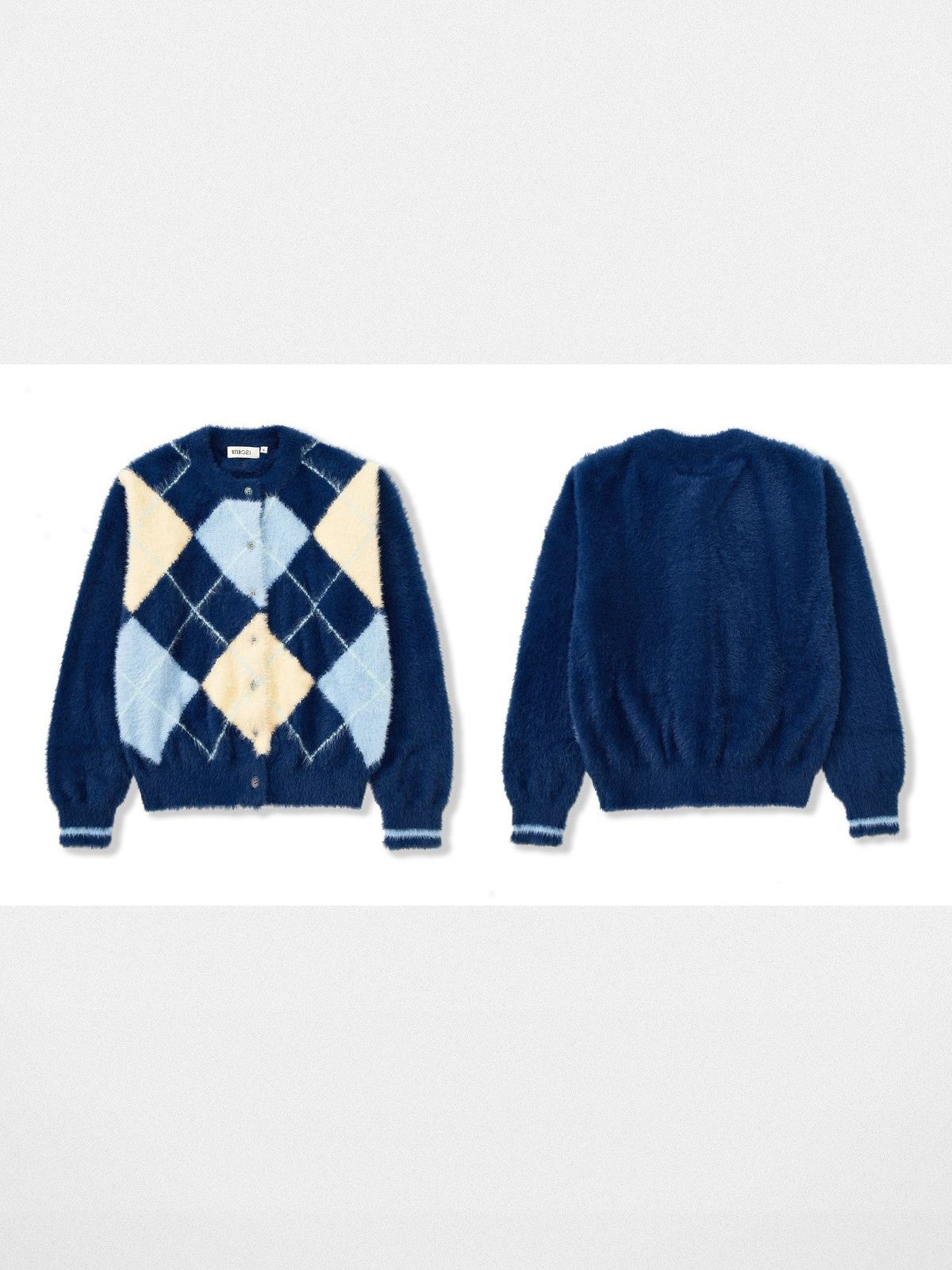 Retro 21 Faux Mink Argyle Cardigan in Blue