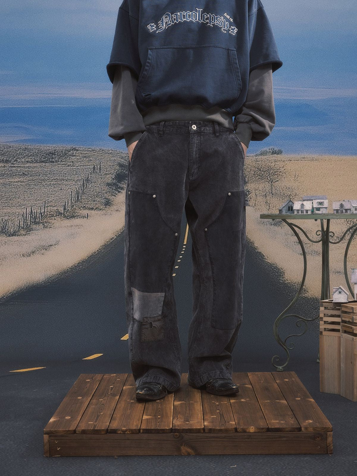 SOD Washed Corduroy Patchwork Logger Pants in Black - On Model