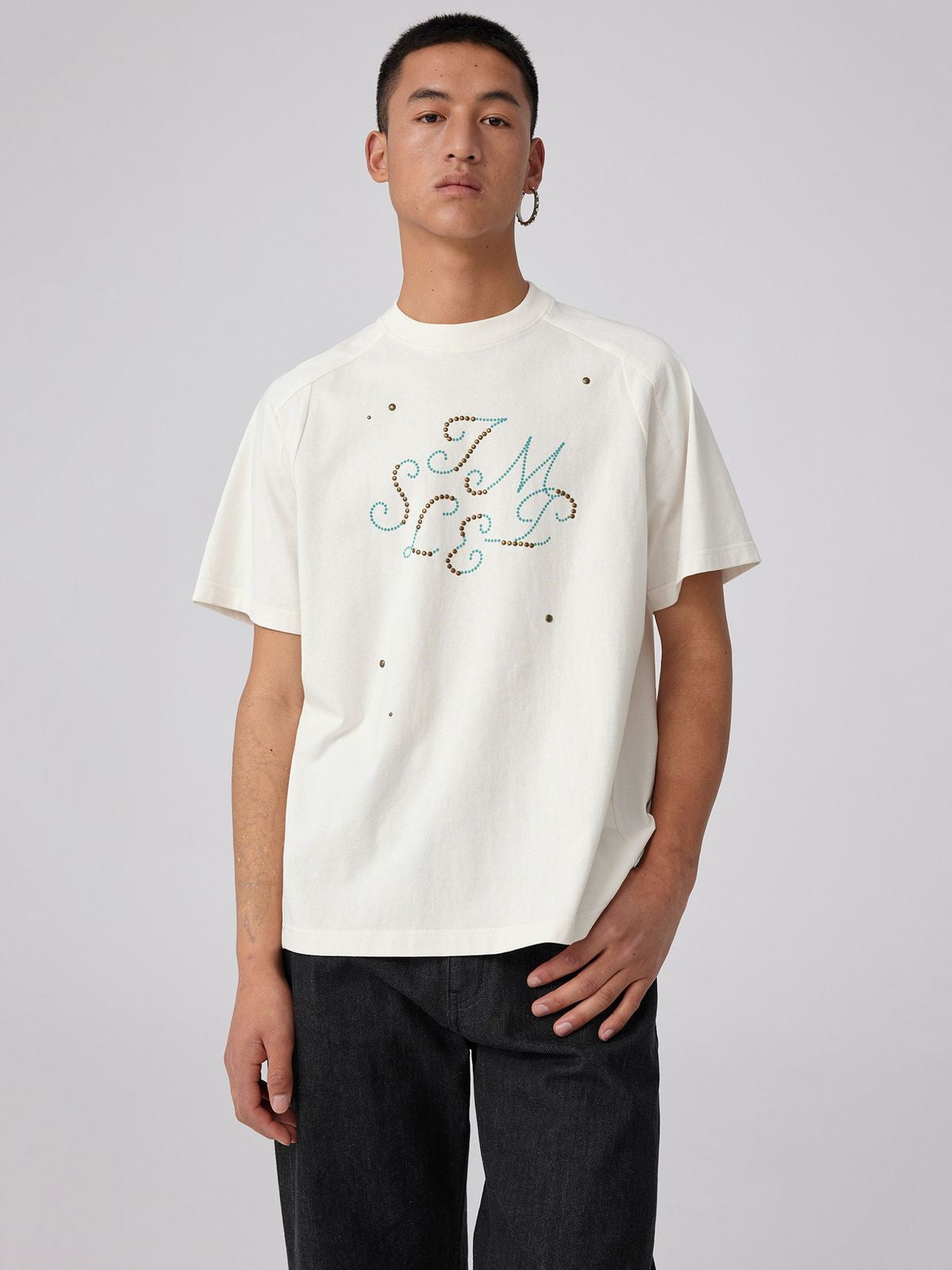 Simple Project Studded Script Logo T Shirt in White - On Male Model