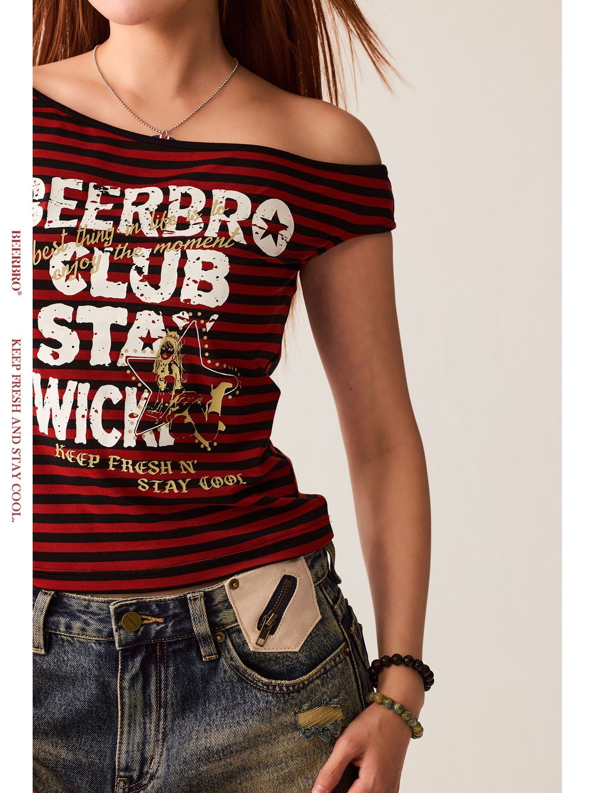Beer Bro Off Shoulder Graphic Crop Top in White - On Model