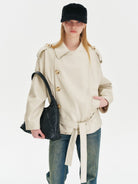 Amee Belted Matte PU Trench Jacket in Cream - On Model