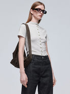 Simple Project Tencel Wool Button Front Tee in Gray - On Model