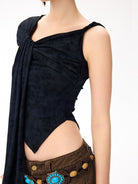 BeerBro Asymmetric Tie Front Off Shoulder Top in Black - On Model