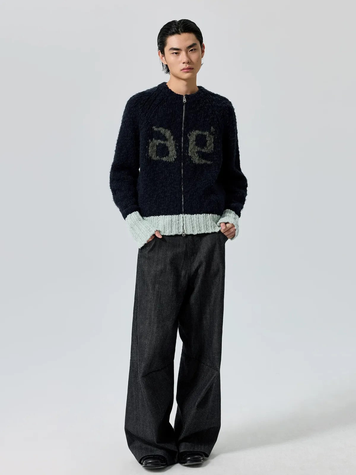 Simple Project Color Block Wool Blend Zip Cardigan in Gray - On Male Model