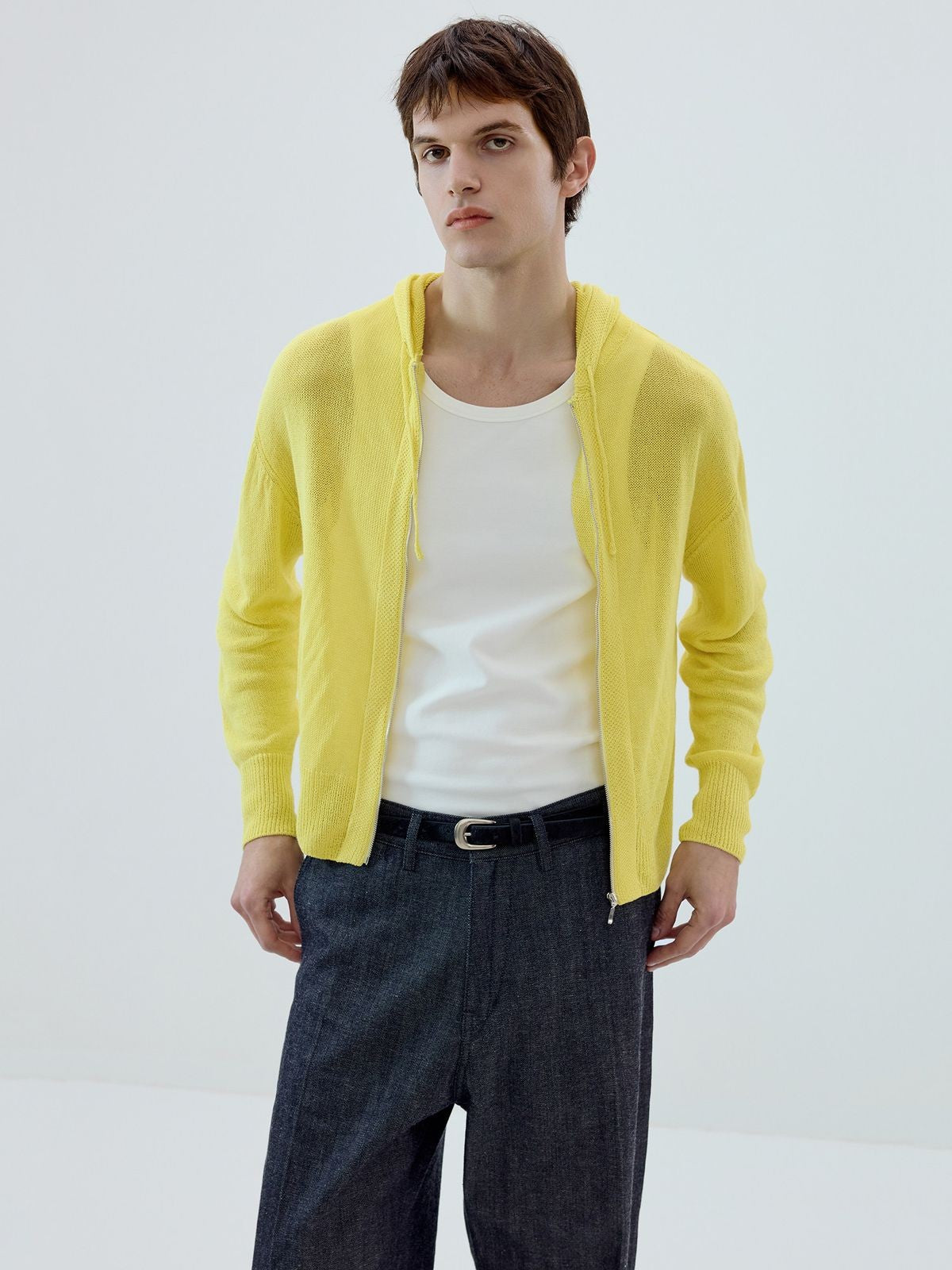 Simple Project Washi Paper Yarn Zip Hoodie in Yellow - On Male Model