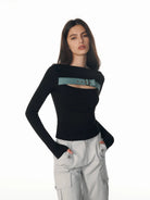 PUKI Buckled Denim Off Shoulder Top in Black - On Model