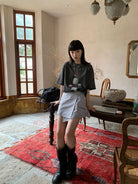 NeverSeez Garment Dyed Puppet Print Tee in Gray - On Female Model