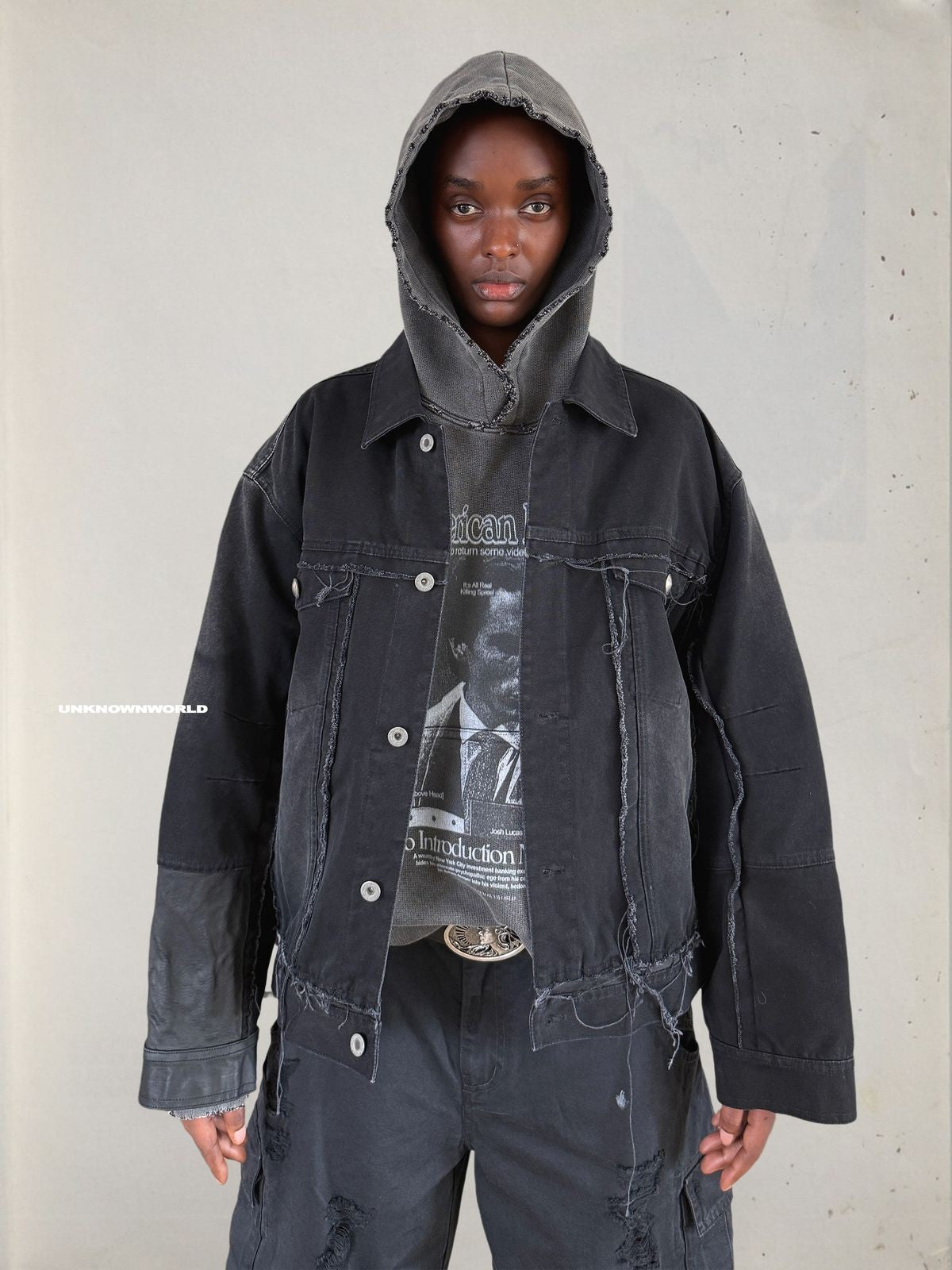 UNKNOWNWORLD Deconstructed Denim Horsehide Jacket in Black - On Model