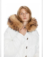 PUKI Faux Fur Hood Down Bomber in White - On Model