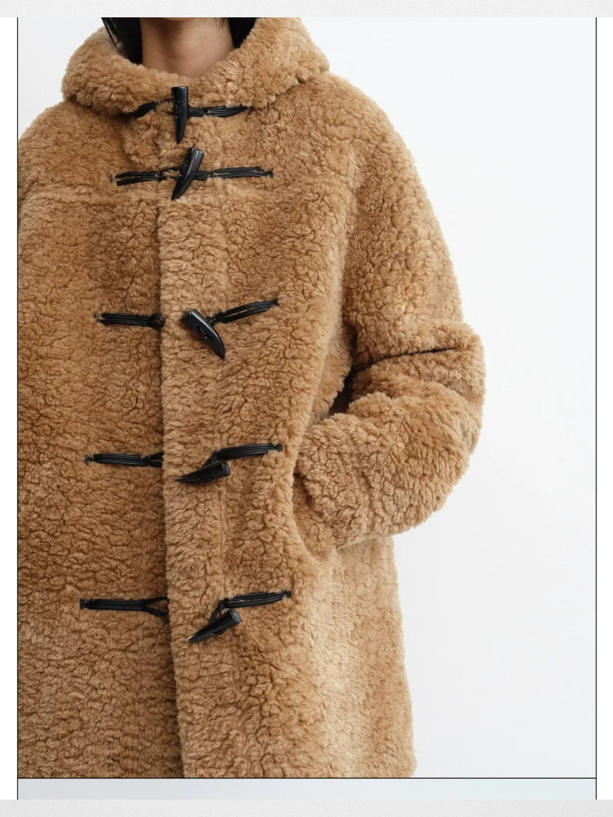 RARELY ALIKE Hooded Faux Shearling Duffle Coat in Beige - On Model