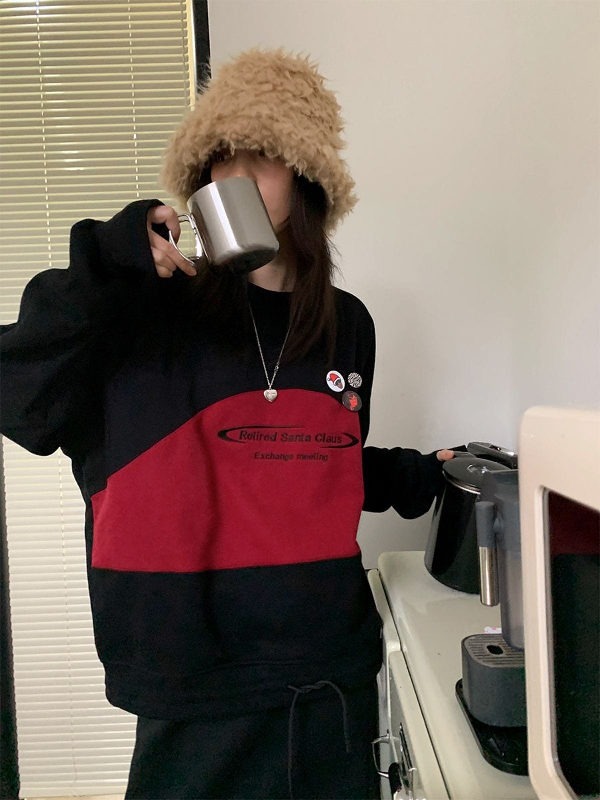 Neverseez Retired Santa Color Block Sweatshirt in Black - On Female Model