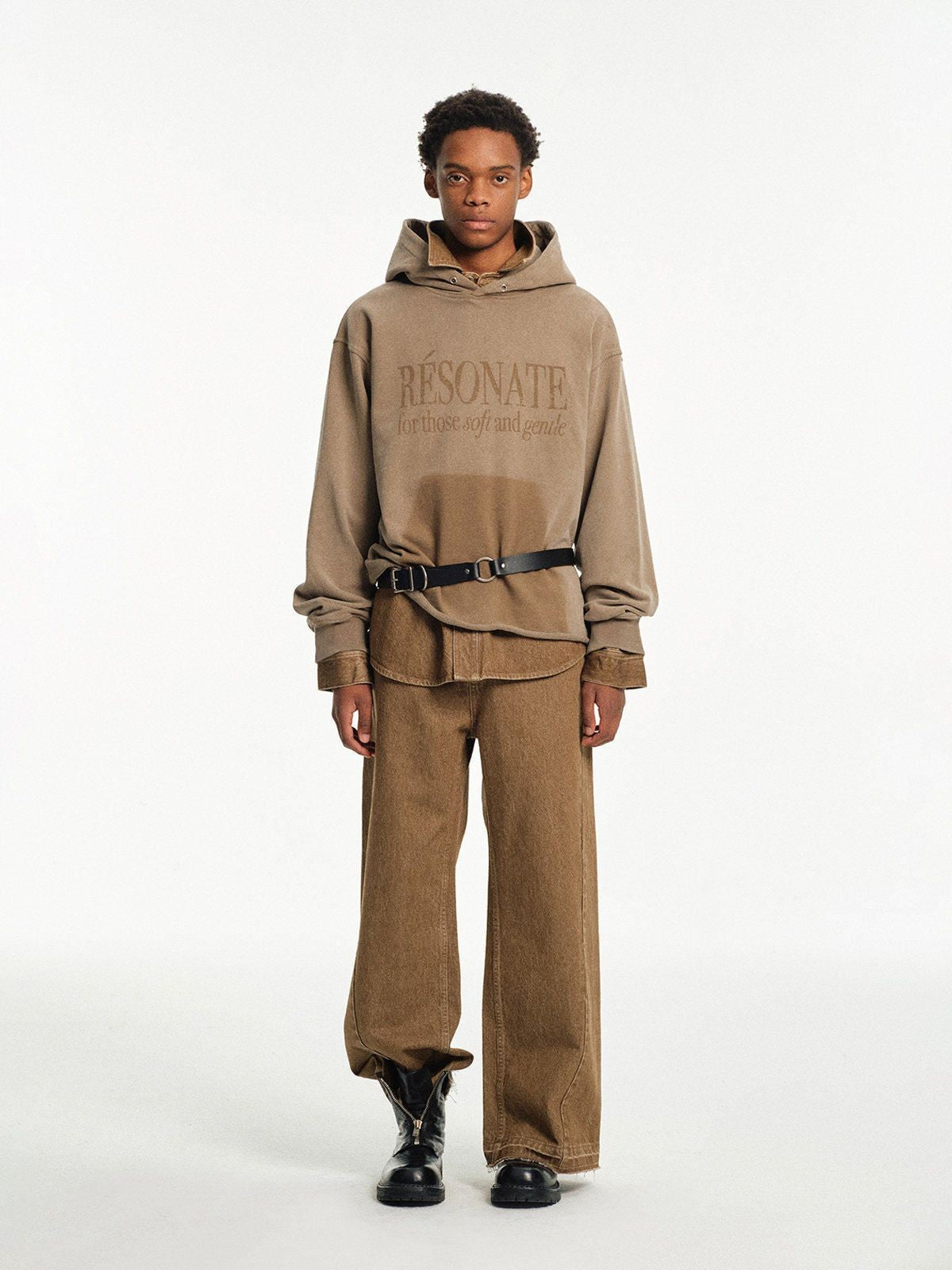 NANS Heavyweight Faded Graphic Hoodie in Beige - On Model