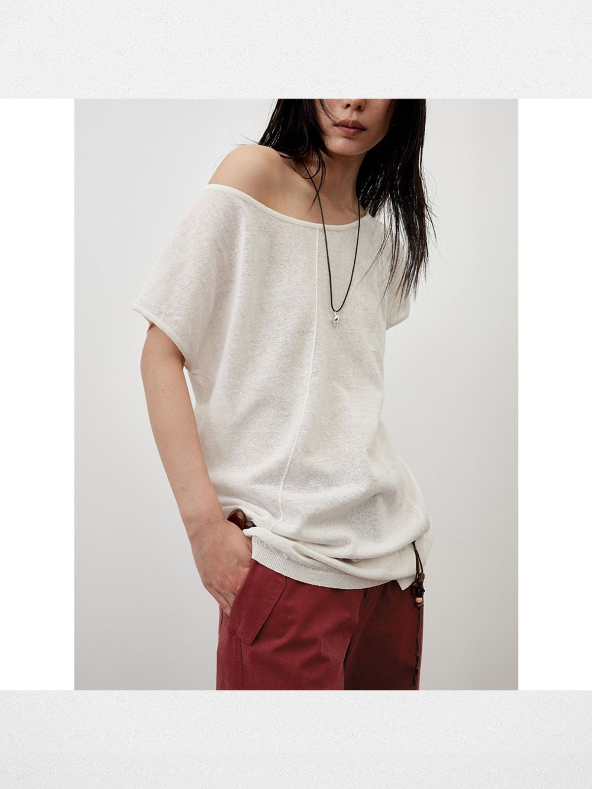 RandomPiece Asymmetric Linen Blend Knit Top in White - On Model