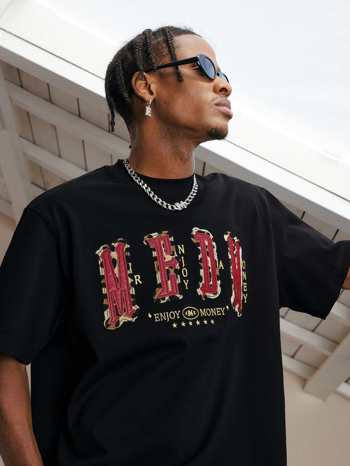 MEDM Letter Patch Cotton T Shirt in Black - On Male Model