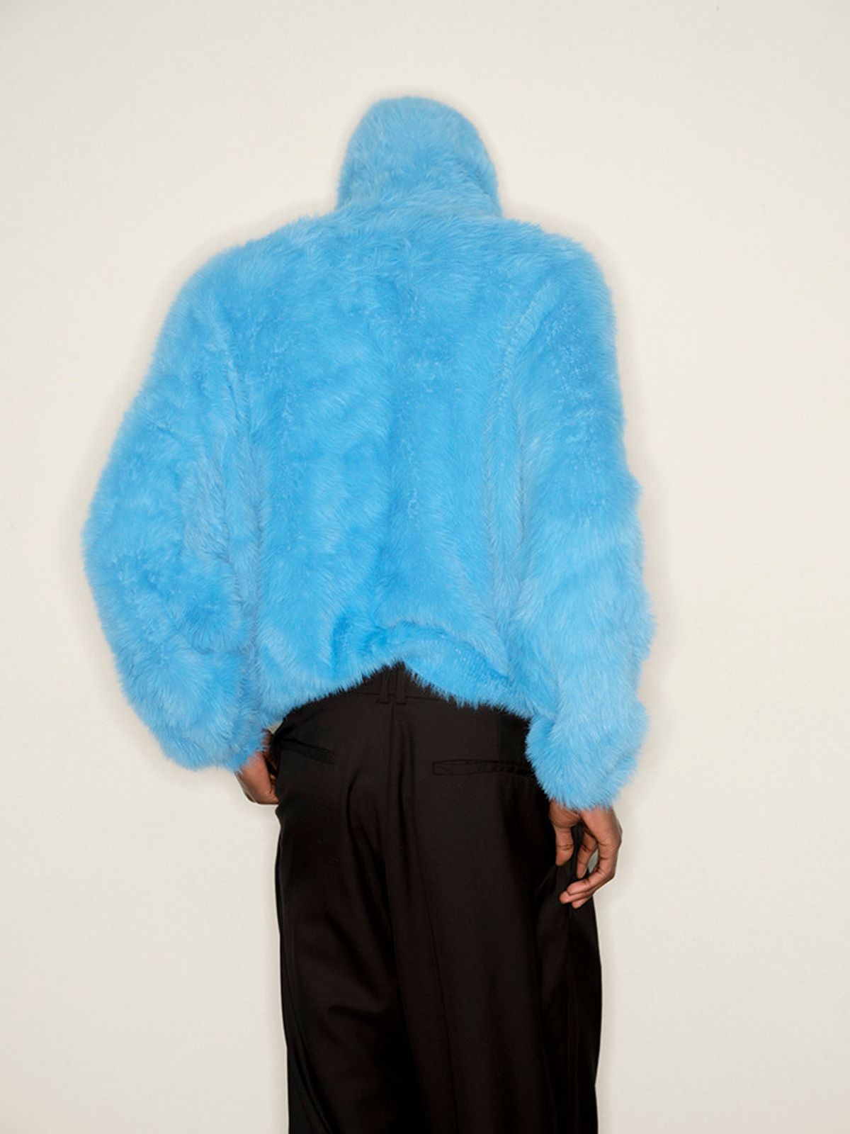 TRIANGLE PROJECT Faux Mink Zip Up Hooded Jacket in Sky Blue - On Model