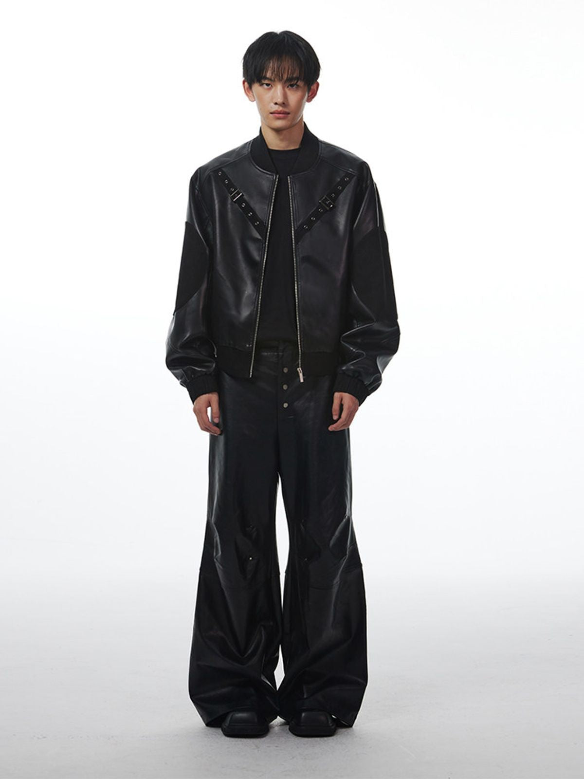 THELIGHT OFFICIAL Buckled Faux Leather Varsity Jacket in Black - On Model