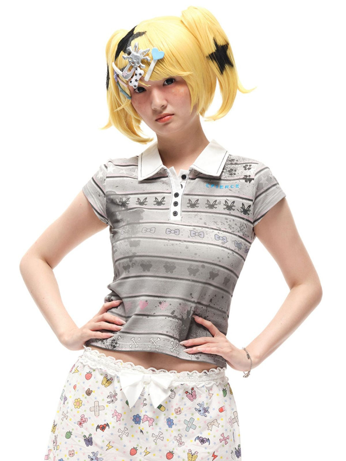 CFIERCE Distressed Grunge Print Polo in Gray - On Female Model