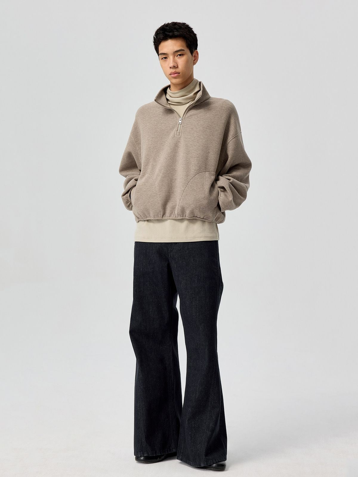 Simple Project Cloud Feel Half Zip Sweatshirt in Beige - On Model