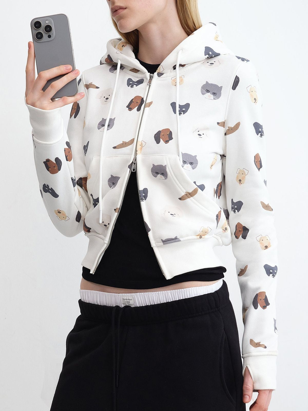 RARELY ALIKE Cat Dog Print Cropped Zip Hoodie in White - On Model