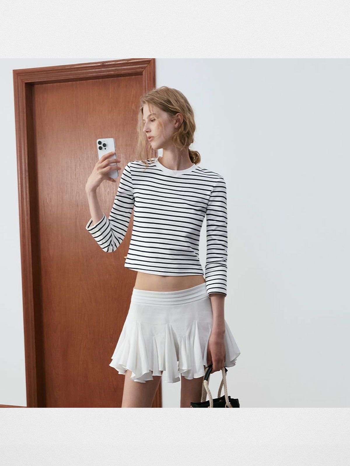 PUKI Striped Half Sleeve Cropped T Shirt in White - On Model
