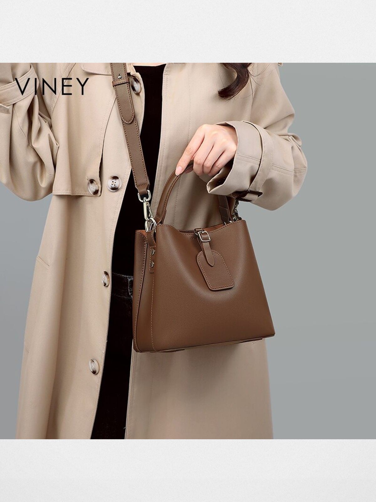VINEY Split Leather Bucket Bag in Brown - On Female Model