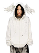 CFIERCE Rhinestone Angel Wing Zip Hoodie in White - On Female Model