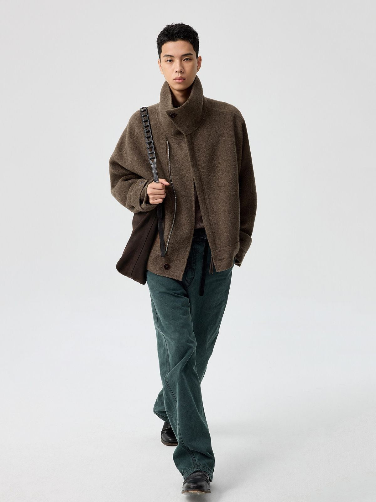 Simple Project High Neck Double Faced Wool Jacket in Olive - On Male Model