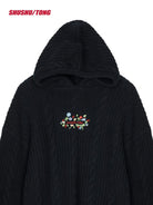 SHUSHU/TONG Floral Embroidered Cable Knit Hoodie in Black