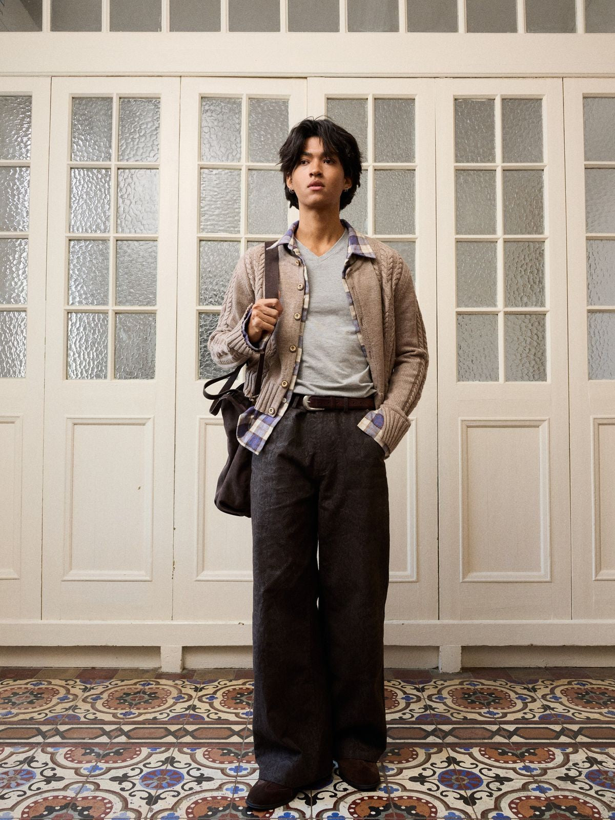 Retro 21 Wool Cable Knit Mock Layer Cardigan in Khaki - On Model