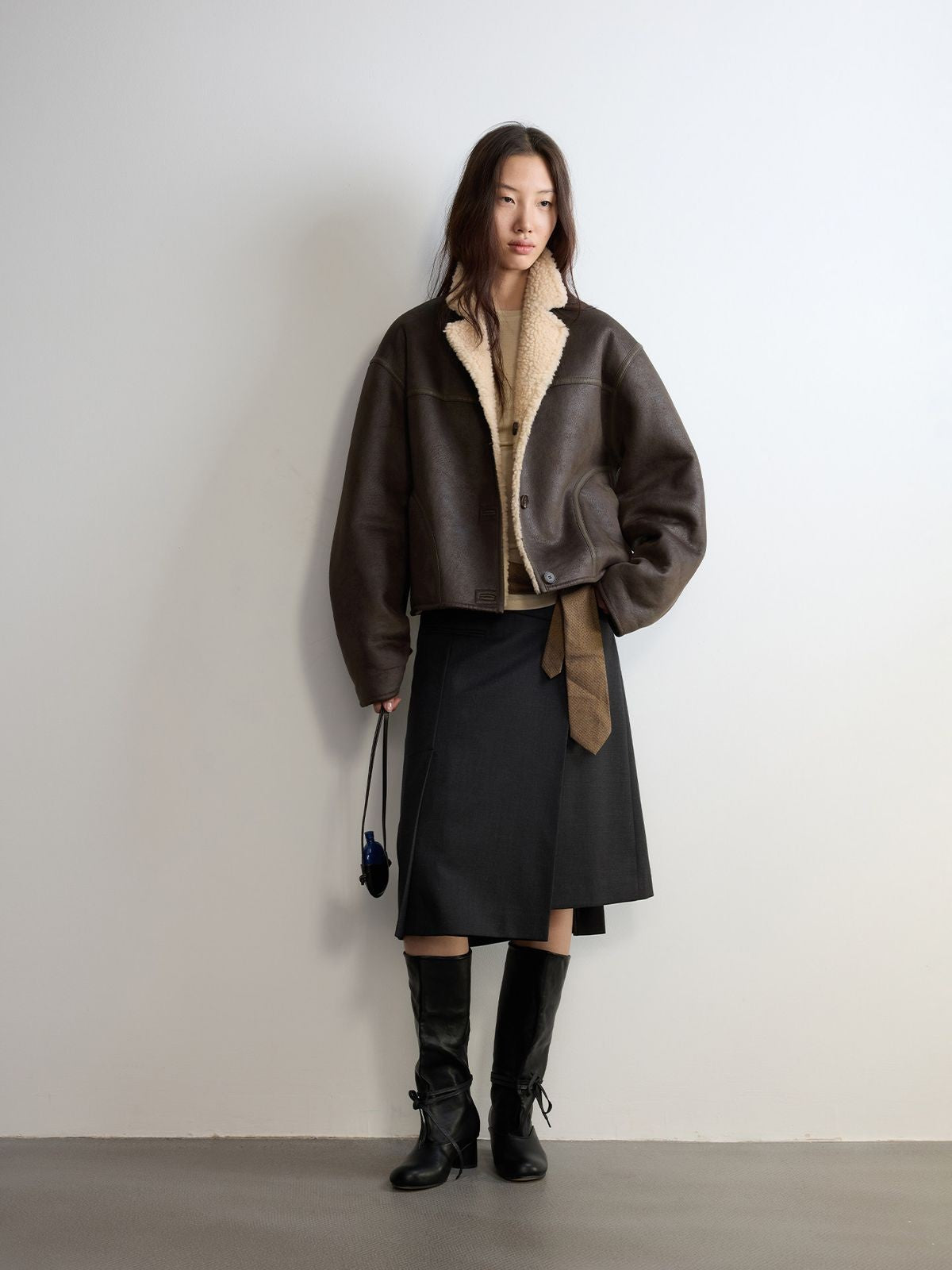 RandomPiece Reversible Faux Suede Wool Jacket in Dark Gray - On Model