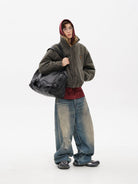 MASONPRINCE Fox Fur Collar Canvas Hunting Jacket in Green - On Model #color_green