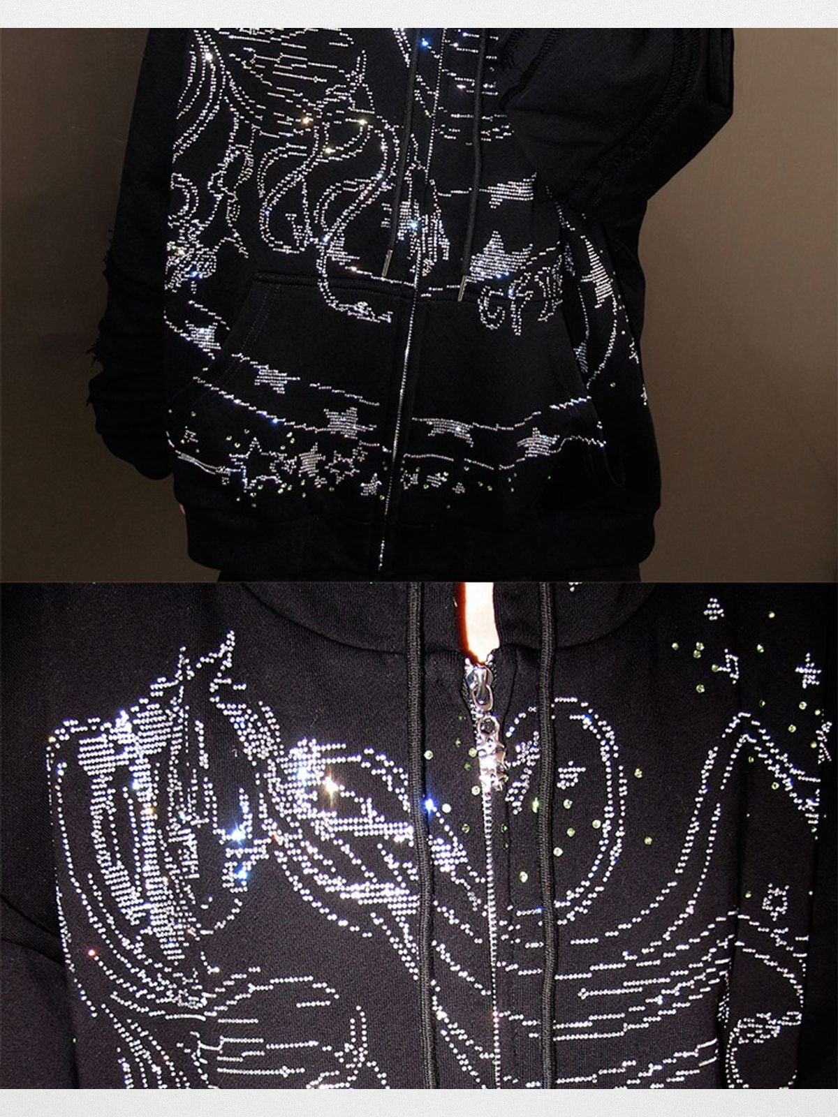 CFIERCE Rhinestone Snake Girl Zip Hoodie in Black - Detail
